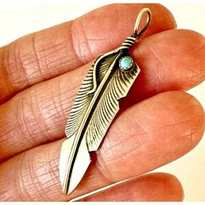 Navajo Turquoise Feather Pendant Sterling 925 Signed Signed CC 2" Native Amer